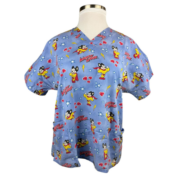 ✨2/$20 Mighty Mouse Cartoon Graphic Nurse CNA V-Neck Scrub Top Blue Size Large - Picture 2 of 16